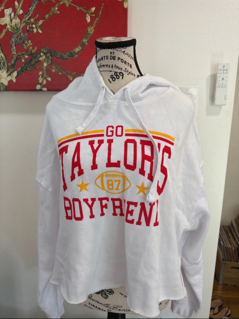 White Graphic Hoodie Sweater with Red & Yellow Print